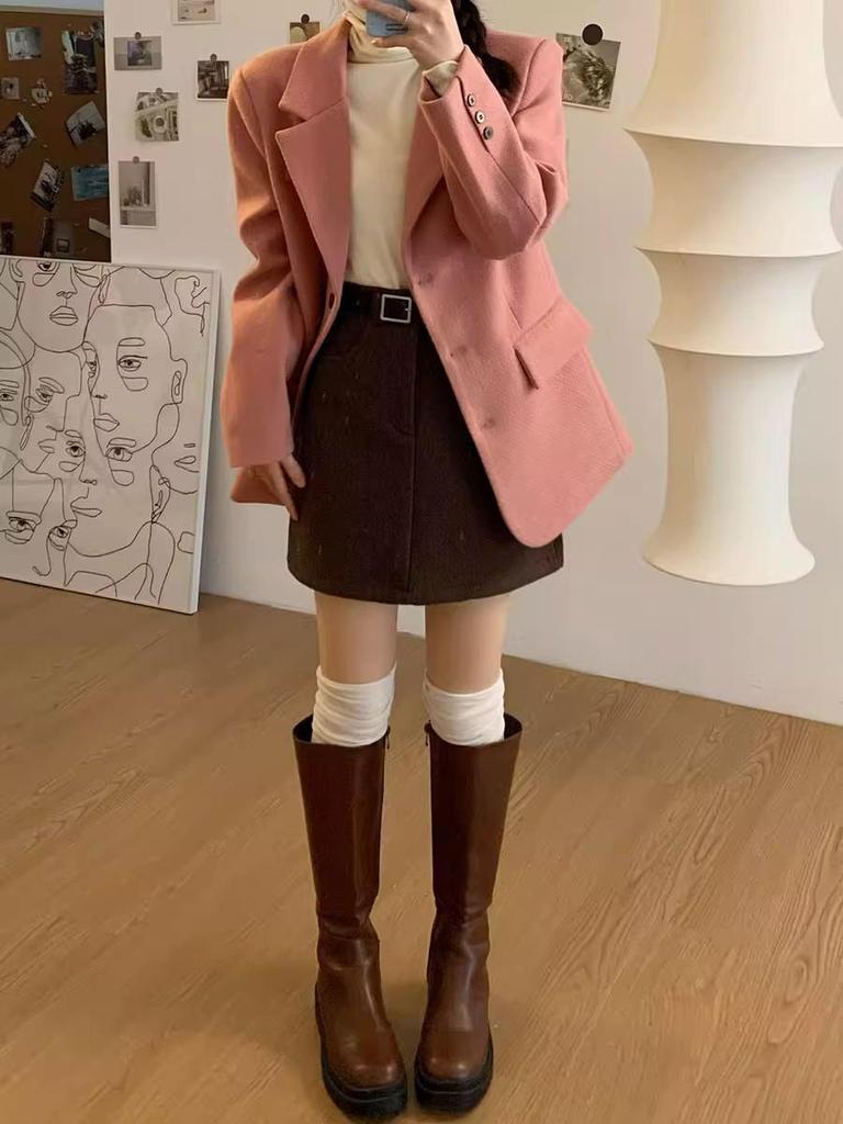 Korean Retro High-Waist Wool-Blend A-Line Skirt for Women - Autumn/Winter Hip-Hugging Slimming Design