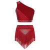Completo Modern Dance da Donna con Strass Monospalla Top Corto Arricciato Pantaloncini con Frange Costume da Pattinaggio