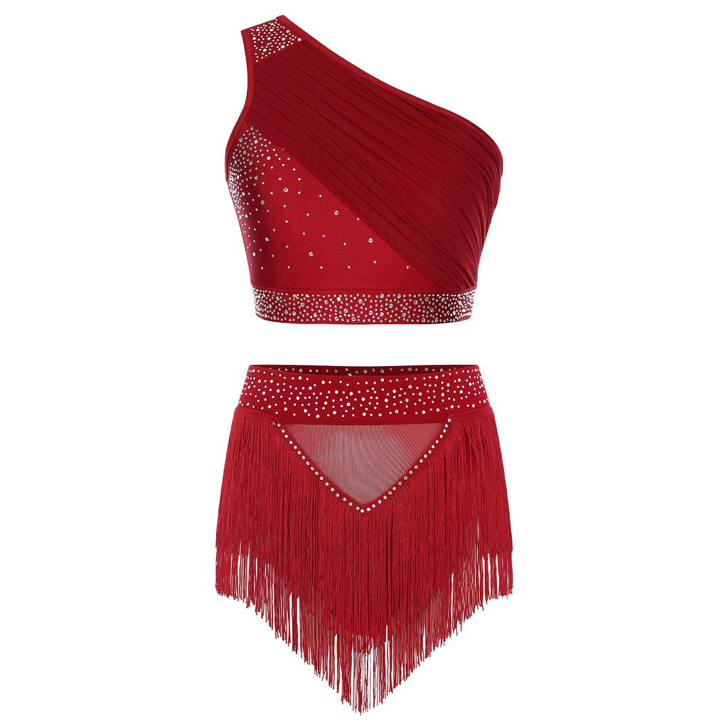 Completo Modern Dance da Donna con Strass Monospalla Top Corto Arricciato Pantaloncini con Frange Costume da Pattinaggio