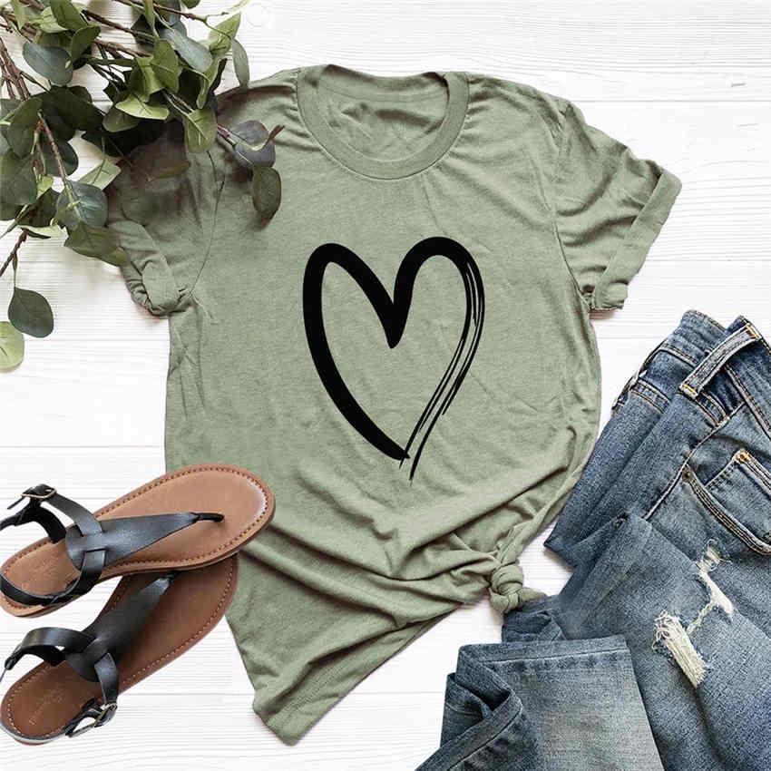 Fashion Female's Heart Pattern Print O-Neck T-shirt Short Sleeve Casual Cotton Tops