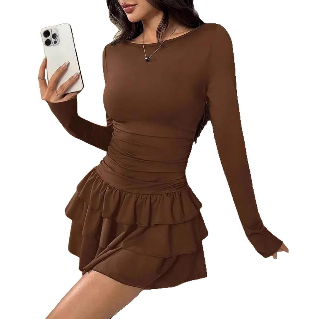 Vestido de Otoño Invierno para Mujer de Color Sólido, Ajuste Delgado, Manga Larga - Elegante y Favorecedor