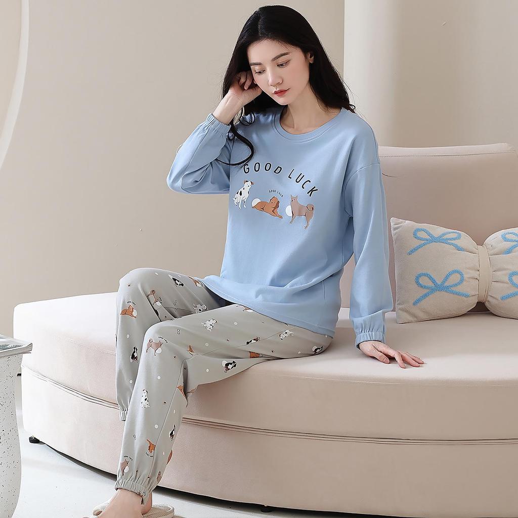 100% Cotton Women's Pajama Set – Breathable, Sweat-Absorbent, Long Sleeve Crew Neck for Indoor & Outdoor Wear (Autumn/Winter)
