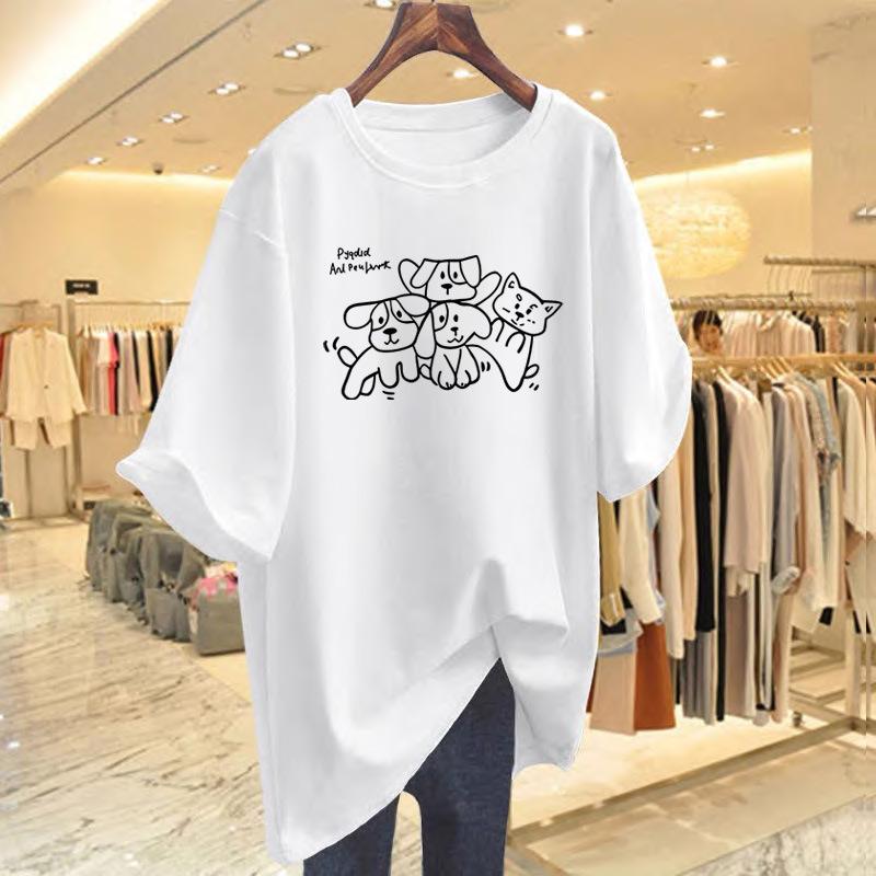 

Cotton line graffiti puppy short-sleeved women s T-shirt summer couple half-sleeved top bottoming shirt S