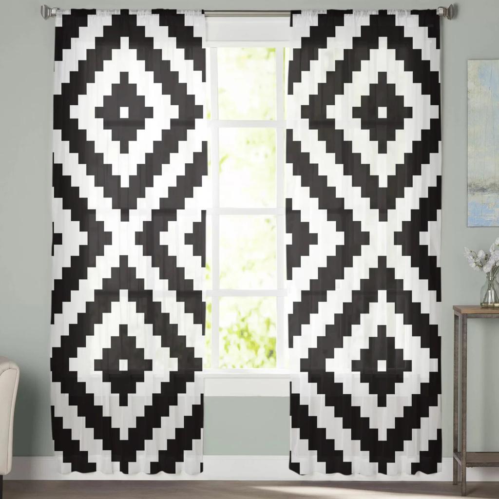 Schwarz Weiß Unregelmäßige Geometrie Tüll Vorhänge Für Wohnzimmer Schlafzimmer Dekor Chiffon Sheer Voile Küche Fenster Vorhang