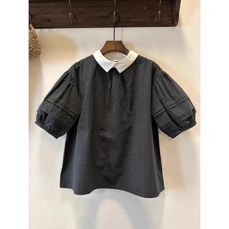 Camicetta a Quadri da Donna con Colletto Peter Pan a Contrasto Manica Corta a Sbuffo Top Casual Largo