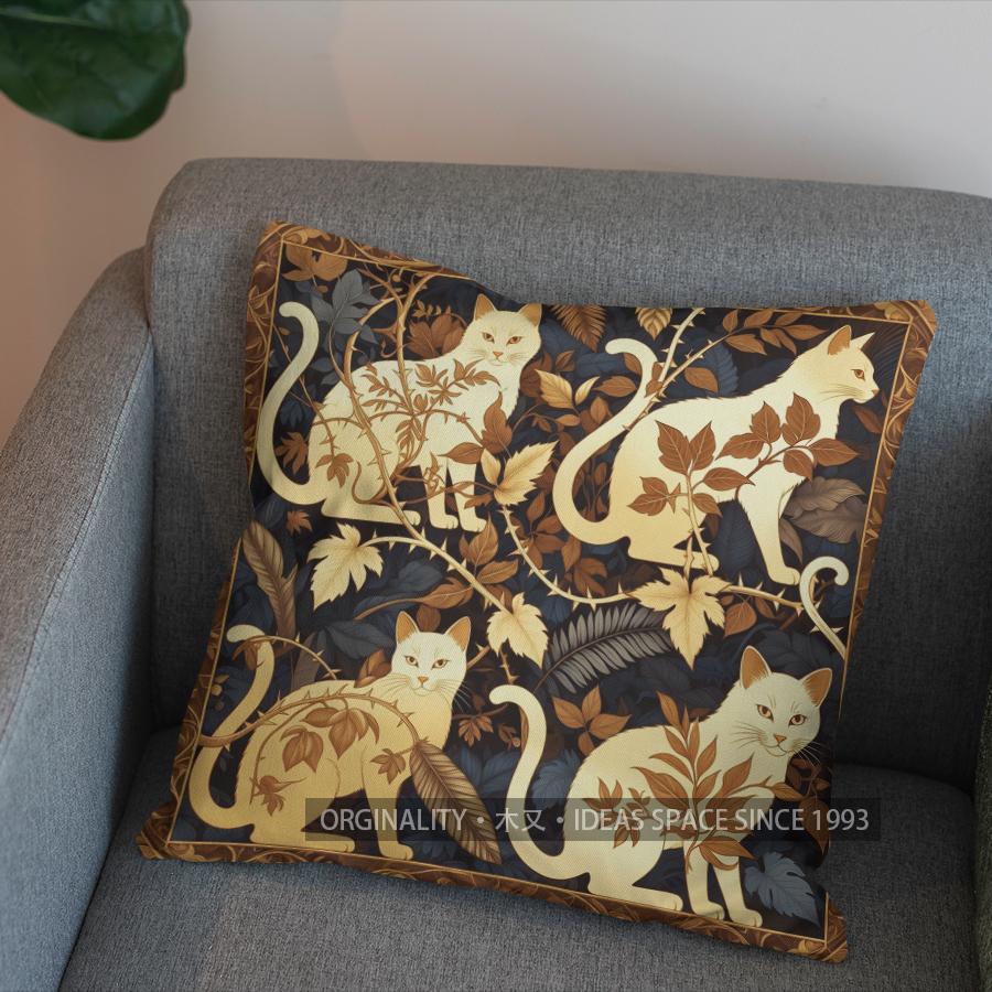 2D Golden Cats And Branches Pillow Cover Pattern Cushion Cover Suitable For Sofa Bedroom Car Pillow Cover