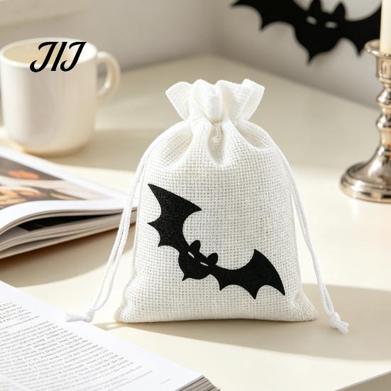 Cotton Linen Jewelry Bags Halloween Burlap Treat Bags, Pumpkin Ghost Bat Spider Witch Print Drawstring Gift Favors Candy Pouches for Cookies
