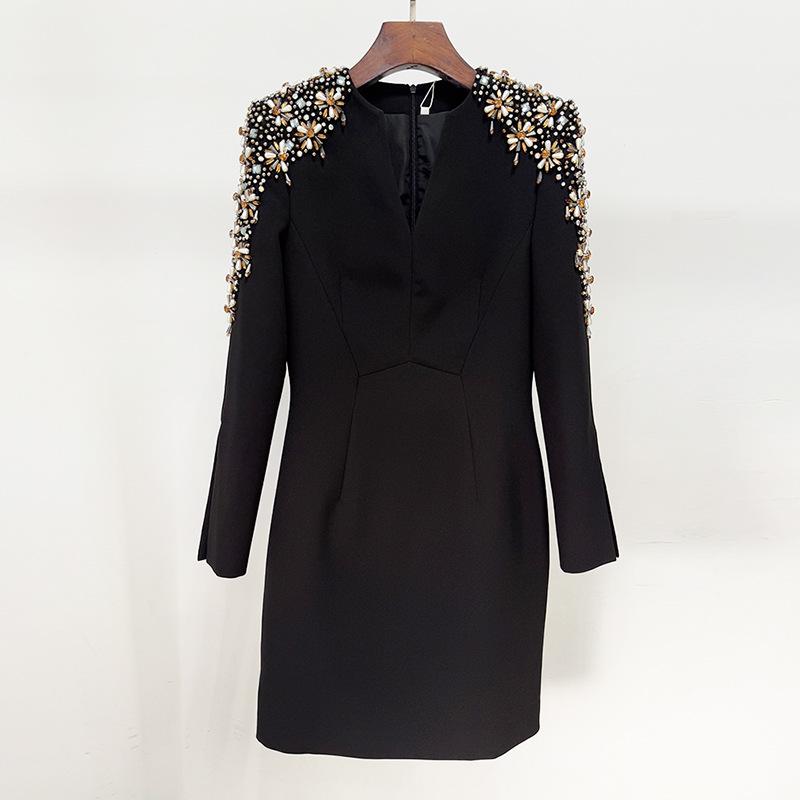 In-Stock 2026 Celebrity Fashion V-Neck Long Sleeve Beaded Rhinestone Evening Gown Small чёрный