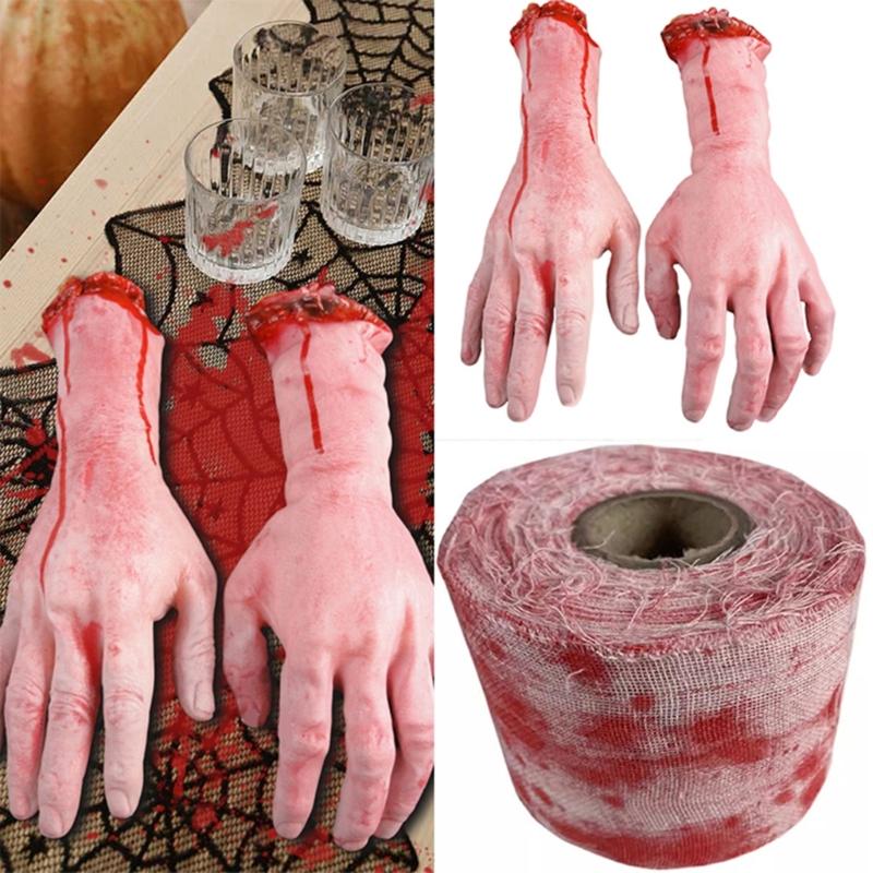 Scary Blood Bandage Broken Severed Hands Halloween Bloody Cloth Strips Haunted House Decorations Blood Gauze Bandage