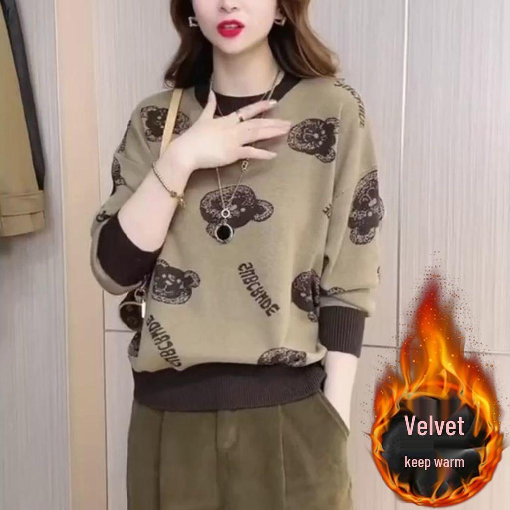 Women's Plush Little Bear Printed Base Layer Top - Warm, Loose, Plus Size, Autumn/Winter Style