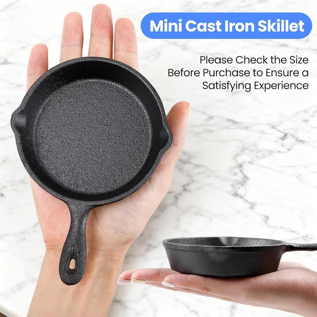 4 Pack Mini Cast Iron Skillets, 4 Inch Small Frying Pan with Double Drip-Spouts, Black Cast Iron Skillet with Handle, Nonstick Frying Pans for Indoor