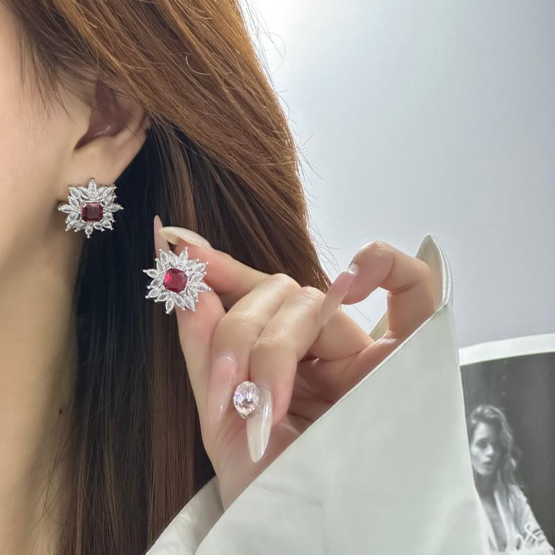 European and American Luxury Ruby and Red Zircon Stud Earrings: Elegant and Versatile High-End Women s Fashion