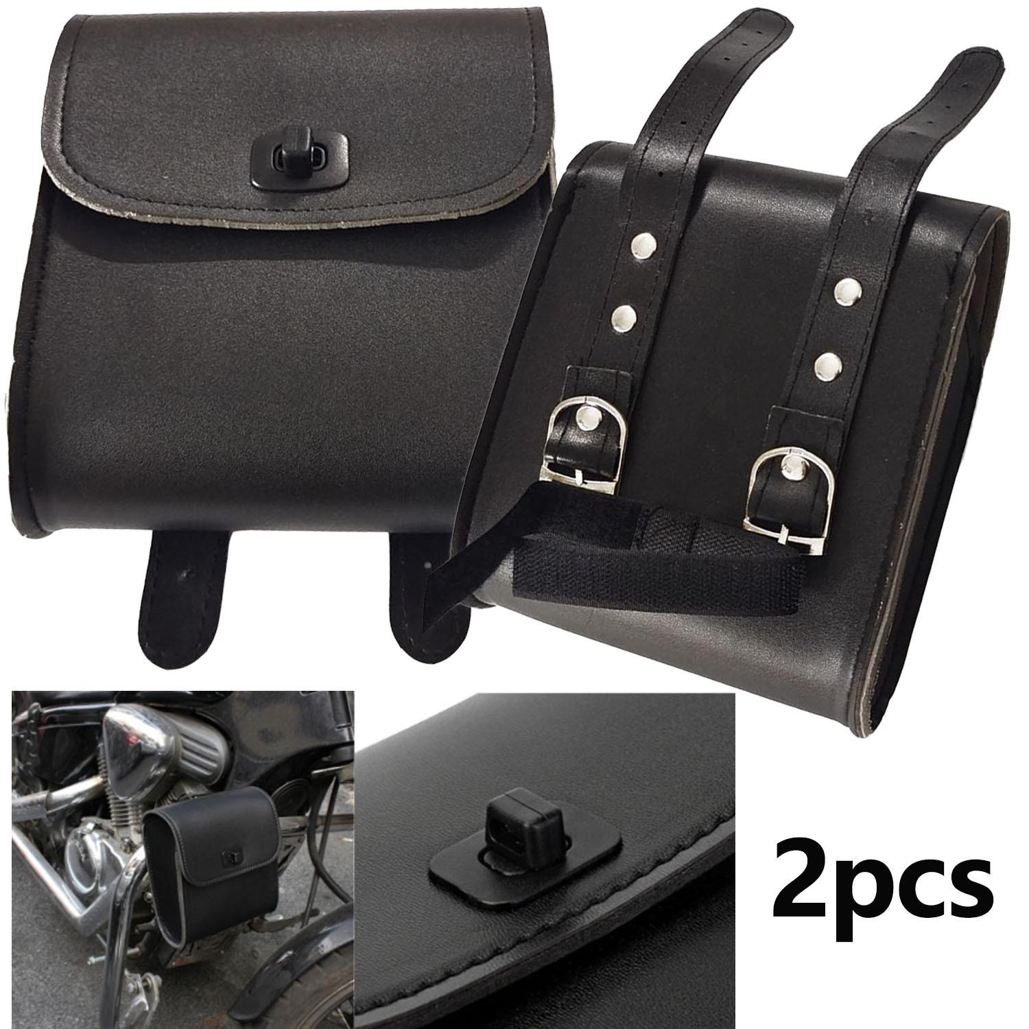 2*Motorcycle Fork Saddlebags PU Leather Side Bag Universal Black For Short Trips