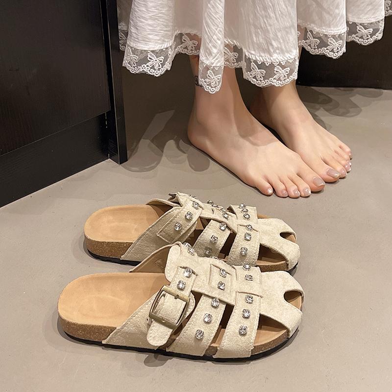 Fashion 2025 High Quality Women's Buckle Slippers Slip-on Open Toe Flat with Non-slip Casual Summer Ladies Beach Slippers Large Size