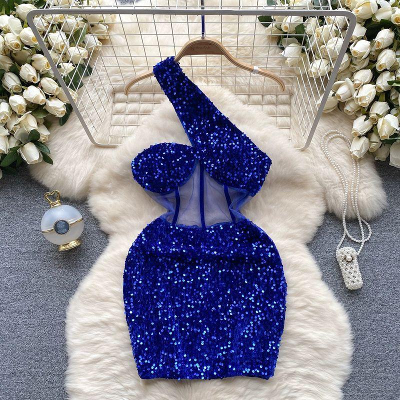 

Accessible Luxury Socialite Style Diagonal Collar Mesh Sequins Dress Blue M
