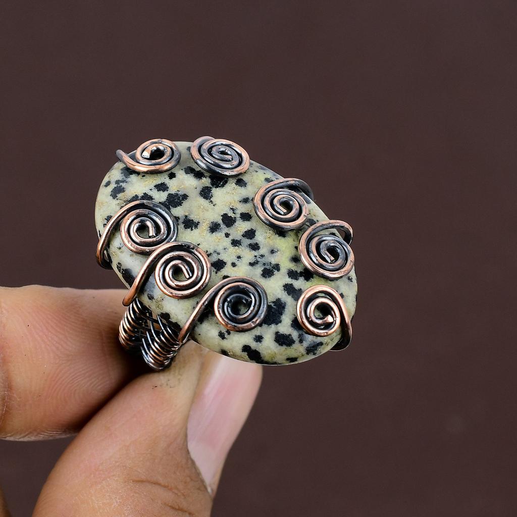 Dalmatian Obsidian Handmade Copper Wire Wrap Jewelry Ring Size 8 q4W86