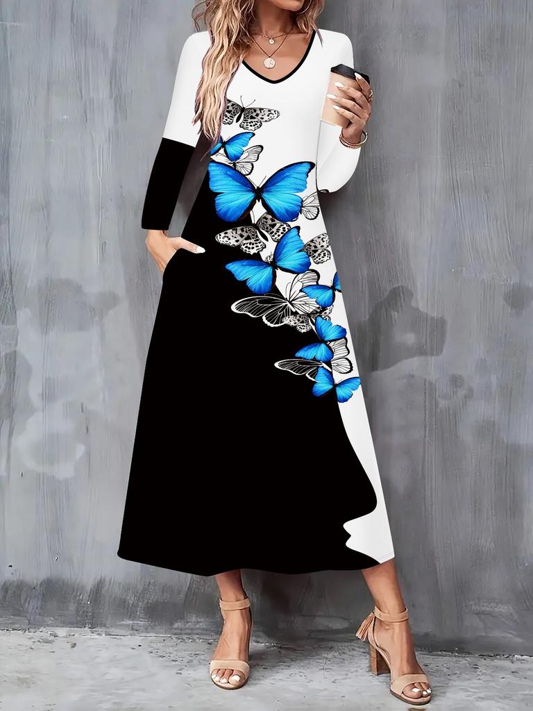 Outono e Inverno 2025 Novo Vestido Casual Feminino da Moda Estampa de Borboletas Voadoras 3D Manga Longa Decote em V Vestidos A-Line