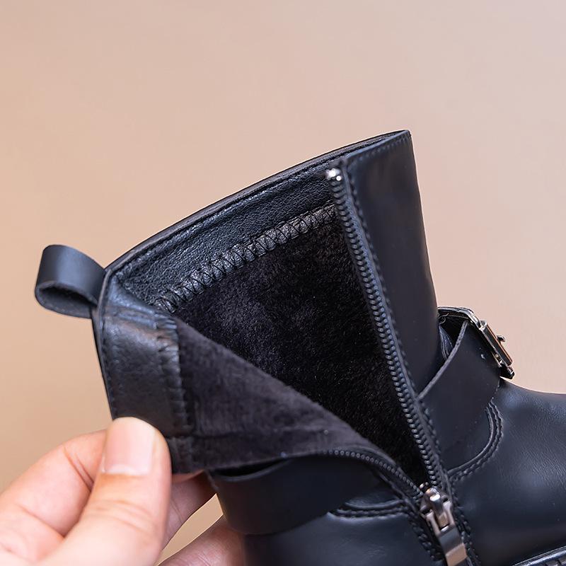 2025 Autumn/Winter Girls' Mid-Calf Leather Boots with Side Zipper and Velvet Lining