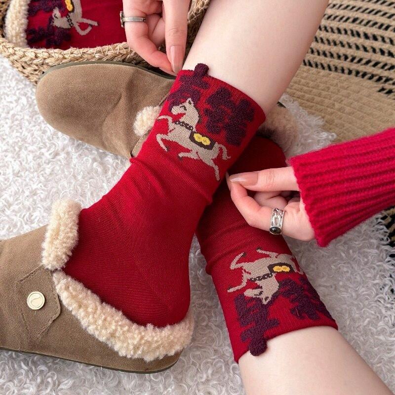 Women Horse‑Year Red Socks,Autumn Winter Thick Warm Stackable Socks,Embroidered Boneless Medium‑Tube Calf Cotton Socks