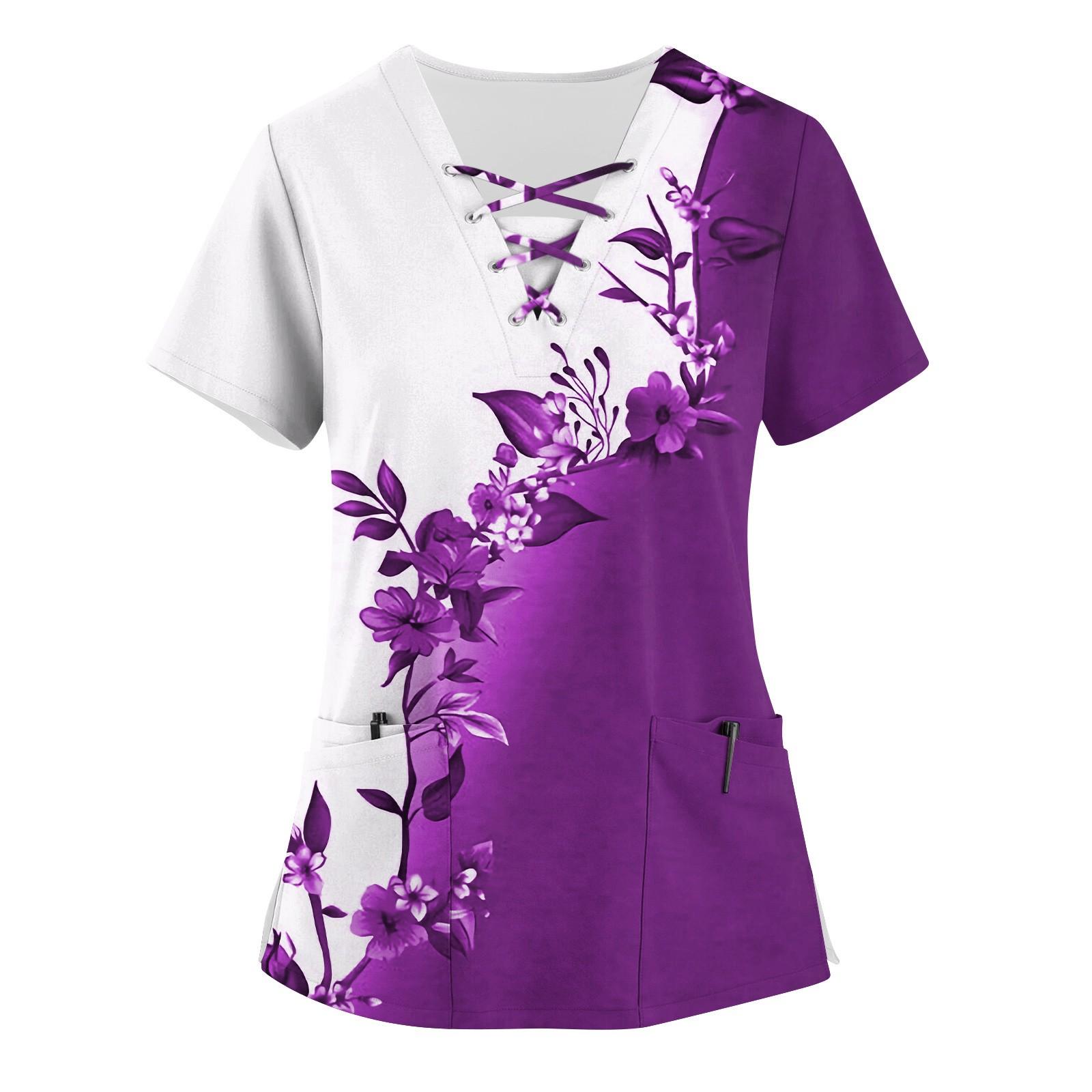 

Робоча уніформа з друкованим малюнком великого розміру Топи для жінок з хрестовим V-подібним вирізом Foral Print з короткими рукавами Веселі футболки Робочий одяг Футболка з кишенями XXXXXL фіолетовий