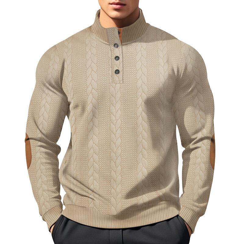 Jacquard Men's Button-Down Stand Collar Patchwork Henley Long-Sleeved Casual Sweatshirt