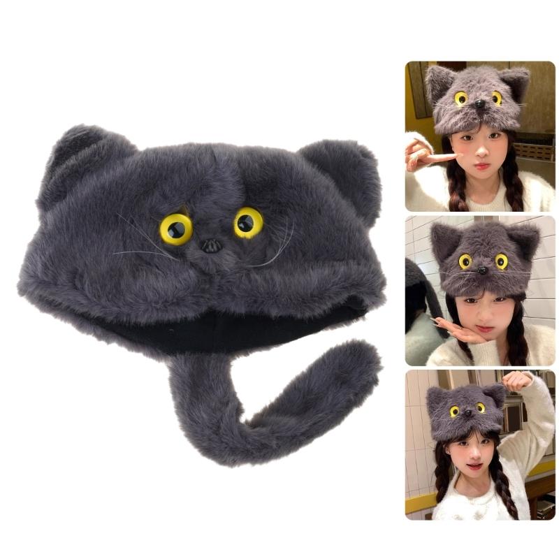 Adorable Furry Cats Ear Beanies With Tails Decors Soft Fleece Winter Hat For Women Girls Cold Weather Accessories
