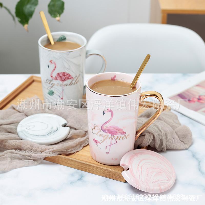 Flamingo With Lid Spoon Marble Pattern Ceramic Water Cup Couple High Value Creative Coffee Cup