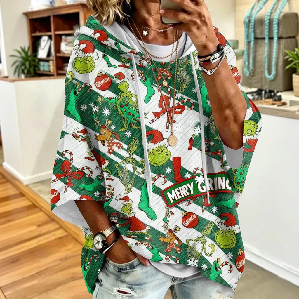 Women's Christmas Print Hooded Loose Fit Sweatshirt