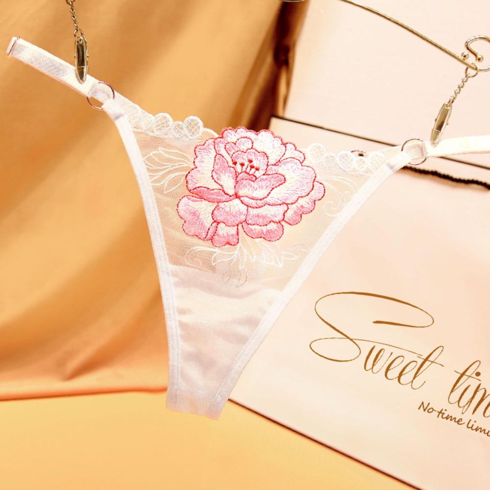 Japanese Embroidered Flower Spice Girls Thong Breathable Mesh Sexy Hot Low Waist Adjustable Belt Ladies Large Size Panties