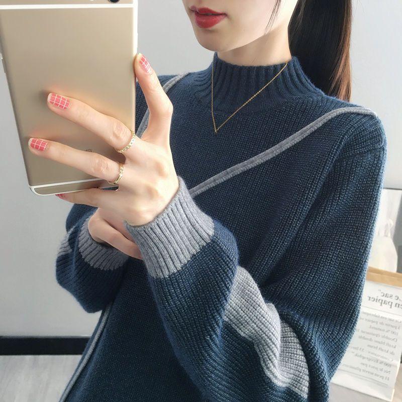 

Half Turtleneck Sweater Women s Top for Autumn and Winter Paired with Knitted Sweater and Loose Pullover 2XL темно-синий