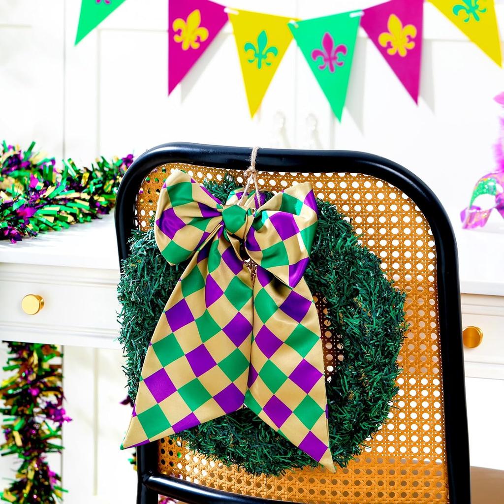 2 Pcs Mardi Gras Sash for Wreath Glitter Purple Green Plaid Scarf for Front Door Mardi Gras Gift Carnival Wreath Decor Carnival Party Decor Yard Wall