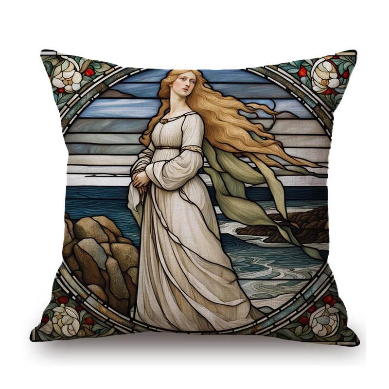 Renaissance Pre-Raphaelitism William Morris Round Stained Glass Window Elegant Lady Girl Decoration Pillow Case Cushion Cover