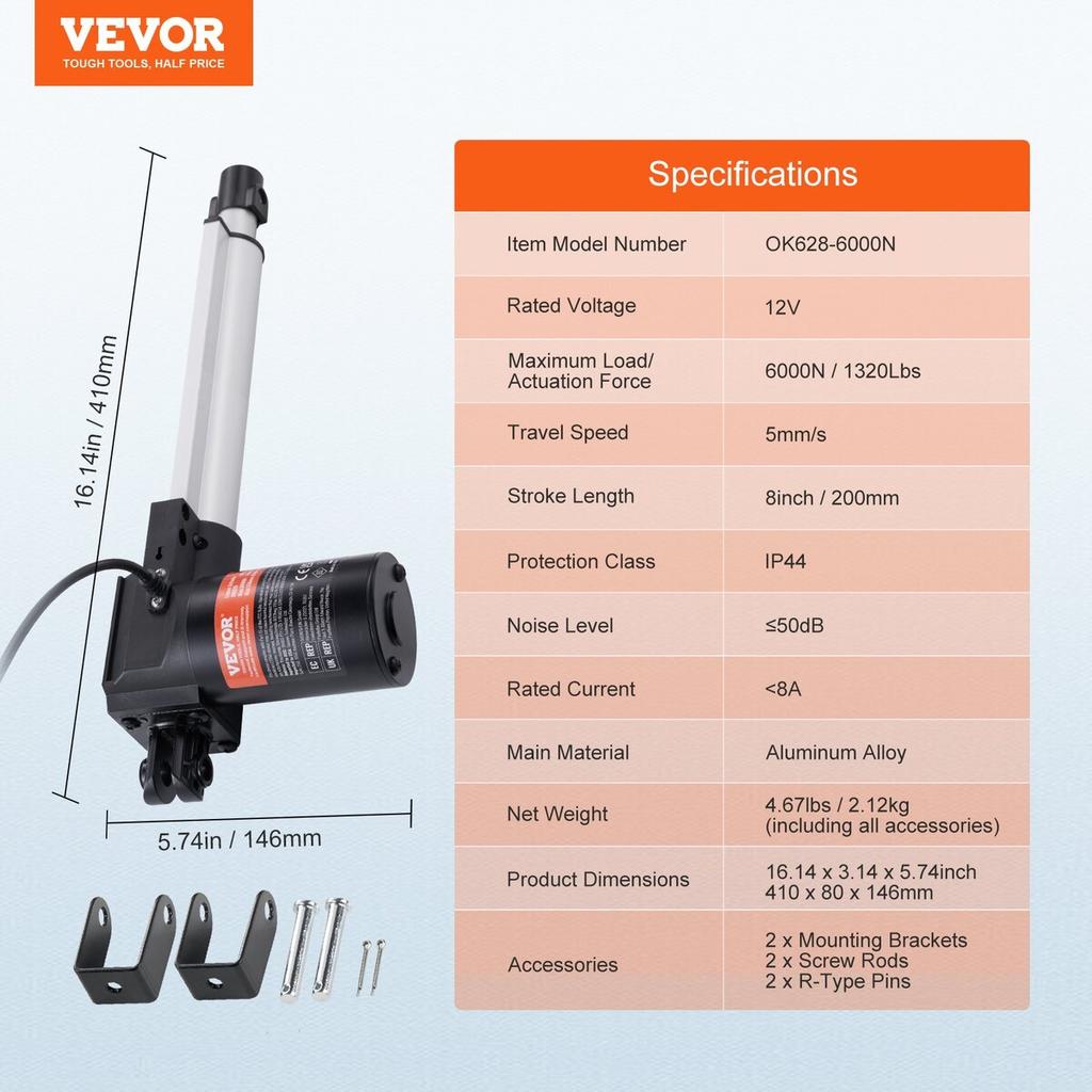 Linear Actuator 12V 8Inch Heavy Duty 1320lbs/6000N 0.19"/s IP44 Protection