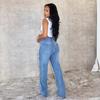 Fashion Broken Beading Chain Decorative Jeans Women's Button Elastic Denim Pants AmericanRetro Straight Leg Trousers Streetwear