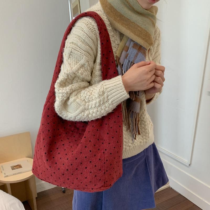 Polka Dot College Style Women Woolen Shoulder Bags Large Capacity Ladies Casual Tote Bag Versatile Portable Female Handbags