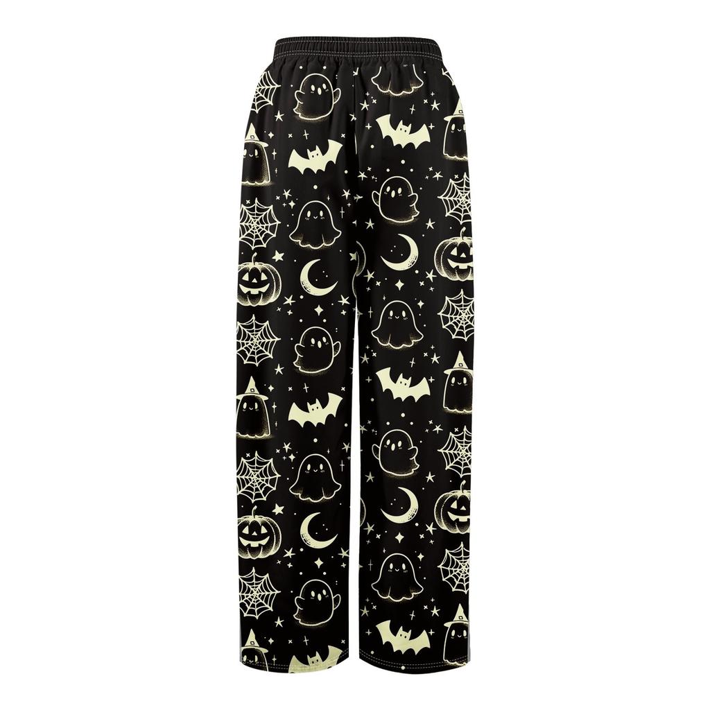 Damen Sommer Boho Palazzo Hose Hohe Taille Weites Bein Halloween Druck Lässige Hose mit Taschen