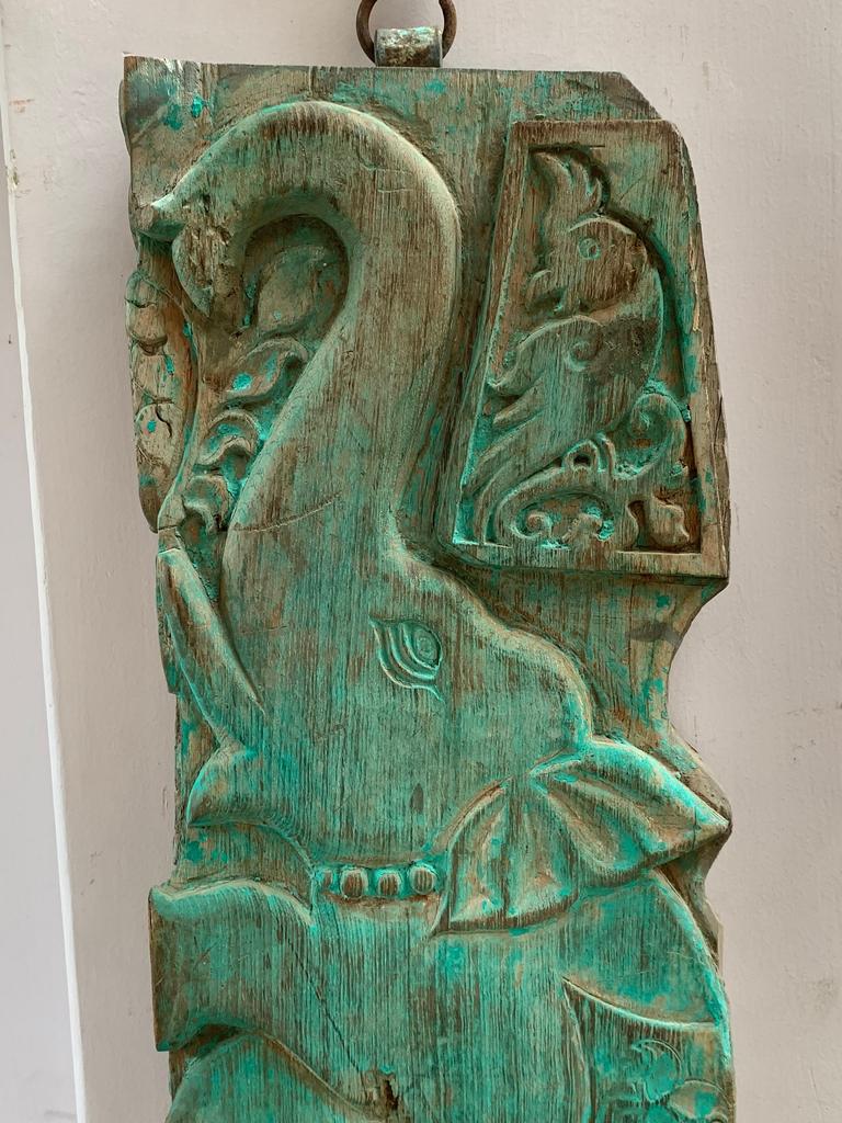 Antique Indian Wooden Elephant Wall Panel: Rustic Architectural Decor