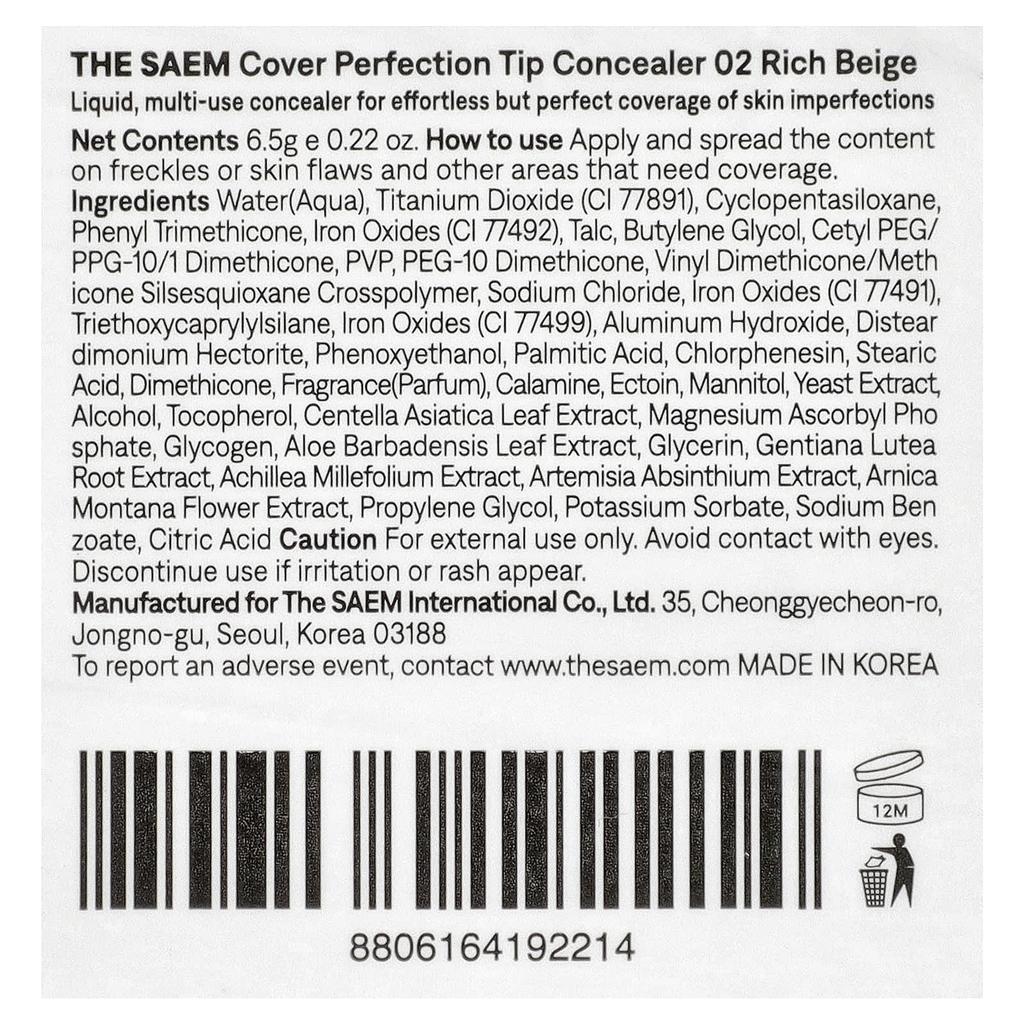 The Saem, Cover Perfection Tip Concealer, 02 Rich Beige, 6.5g (0.22oz)