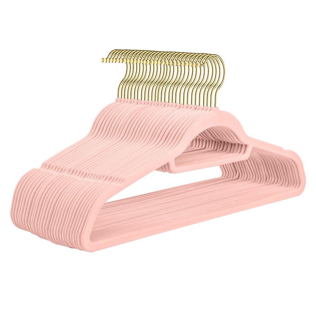 Beflockter Samt-Kleiderbügel mit Roségold-Haken (Rosa) - Rutschfester Organizer
