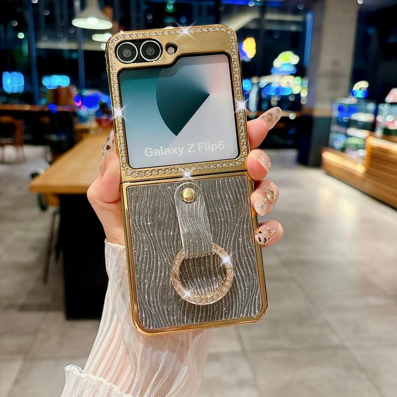 Glitter Diamond Frame Plating 2pcs Phone Case For Samsung Galaxy Z Flip6 Flip5 Flip4 Flip3 Luxury Leather Shockproof Metal Ring Hard PC Folding Cover