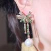 CMM Trendy Bowknot Design Paved White Green CZ Zirconia Women Long Artificial Pearl Drop Earrings for Bridal