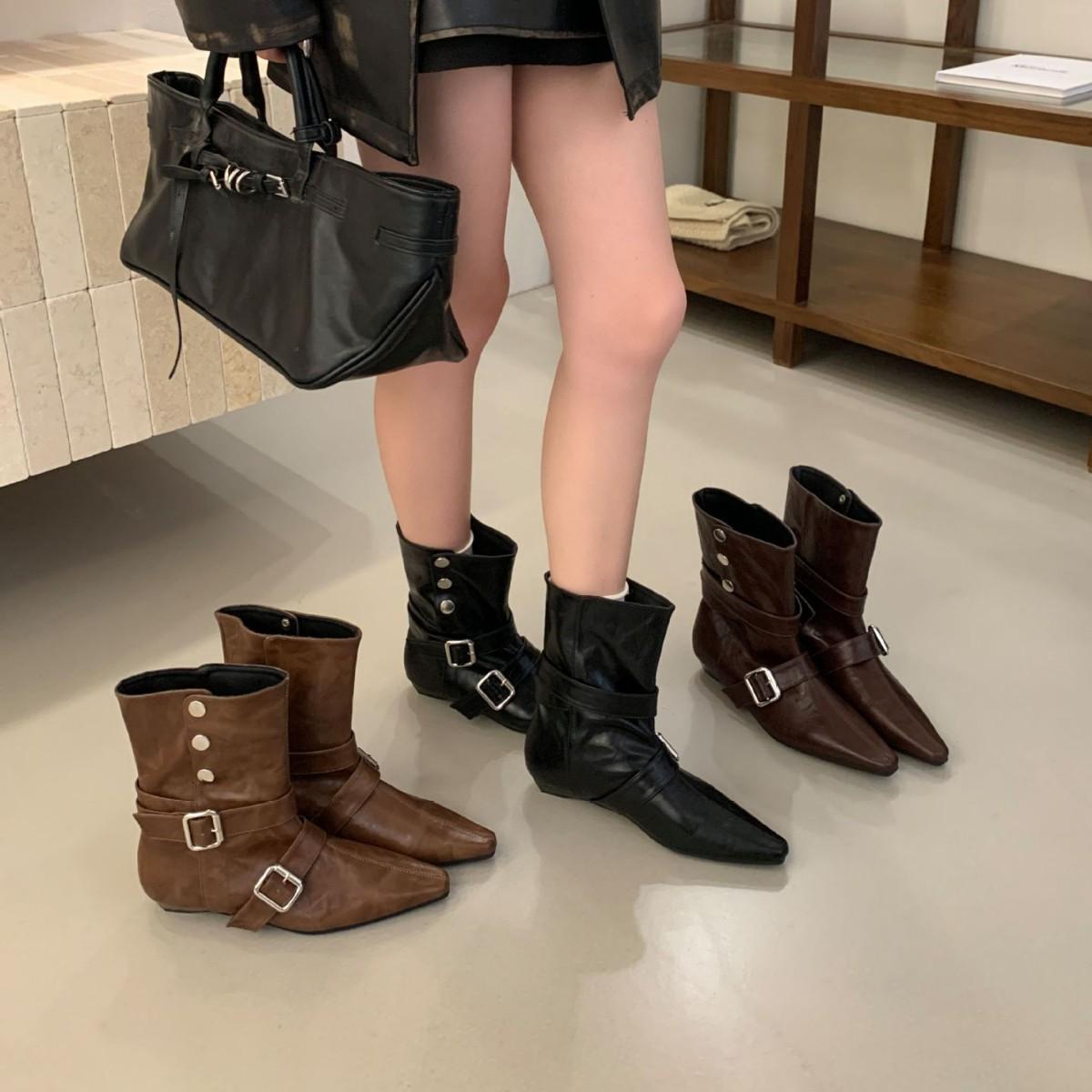 

2025 autumn belt buckle thick heel low tube thin fashion Martin women s short boots locomotive women s boots 39 коричневый