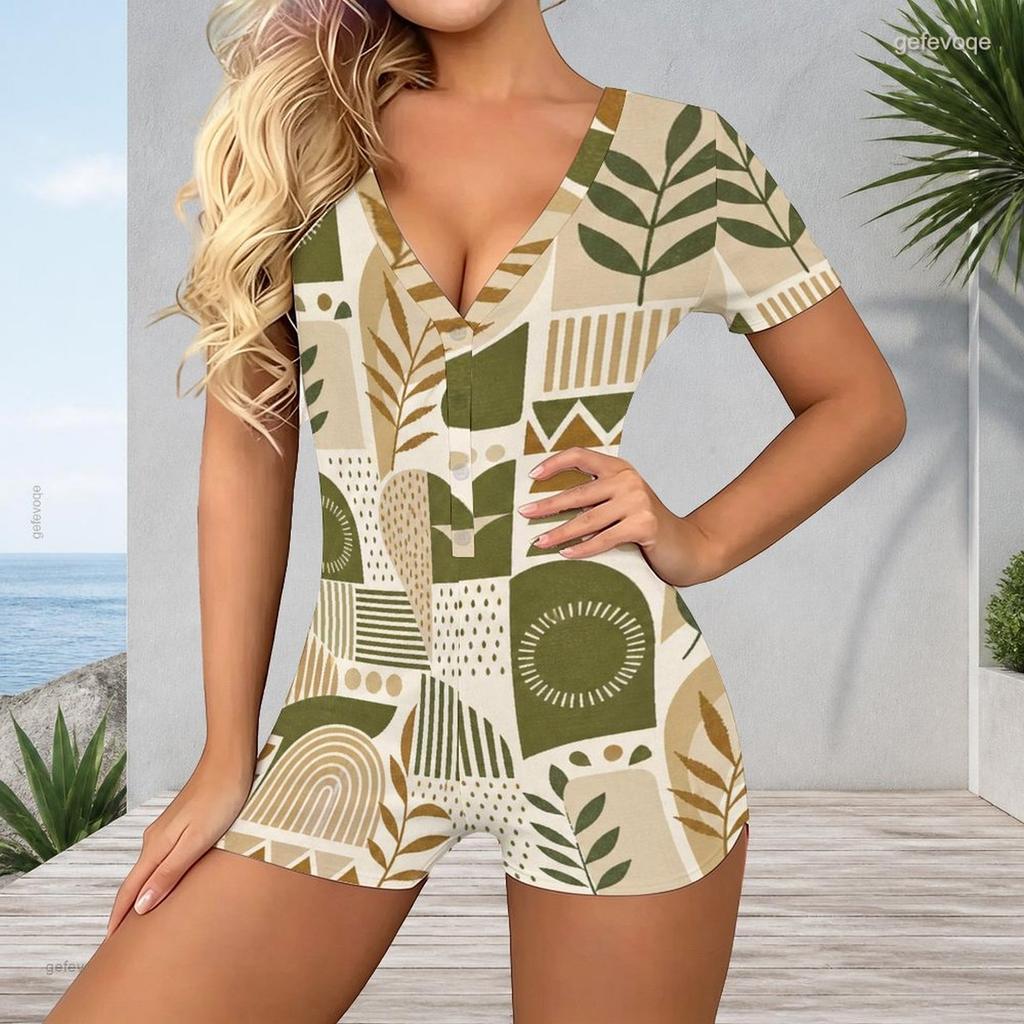 Women Plus Size Blue Green Floral Paisley Printed V Neck Short Sleeve Button Front Romper