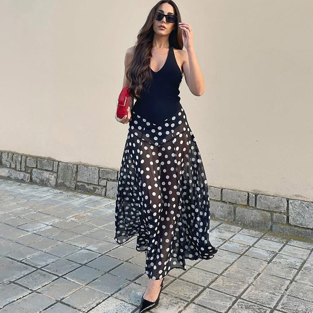 Talenza Women'S Polka Dot Long Dress Sexy Backless See-Through Printed Dress Summer High Waist New Party Y2K Women'S Dress