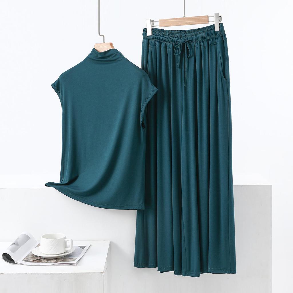 Summer High-Neck Sleeveless Top & Color Block Wide-Leg Pants Two-Piece Set