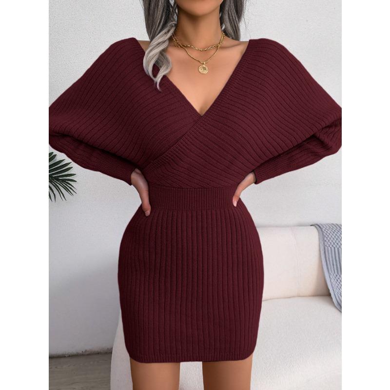 Solid Color Sexy Cross V Neck Batwing Long Sleeve High Waist Bodycon Pencil Mini Dress For Women
