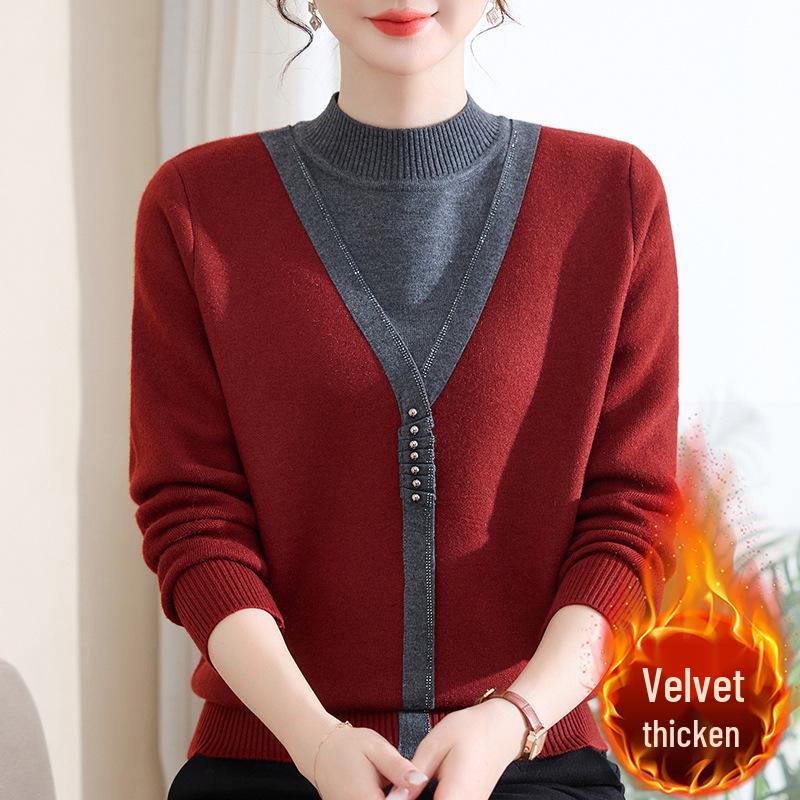 Mom's New Plus Velvet Sweater: Faux Two-Piece Knit for Middle-Aged & Elderly Women