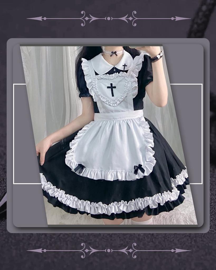 Cosplay Dienstmädchenkleidung Dienstmädchenschürze Gothic Lolita Lolita Süßes Halloweenkostüm Verkleidung A [JIURUN] (L, Dienstmädchen)