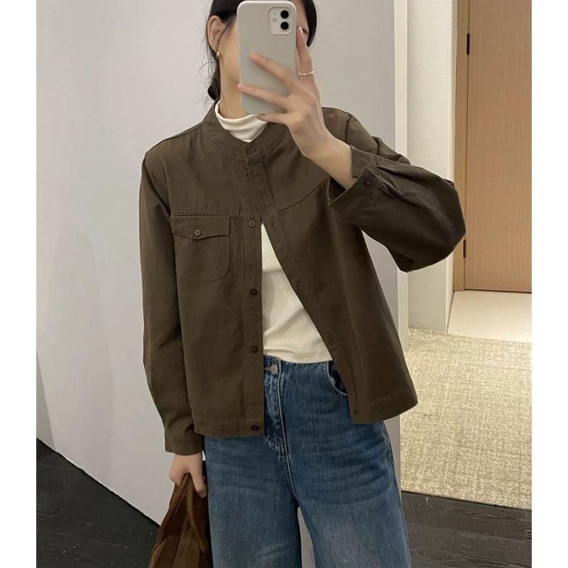

Универсальная куртка в корейском стиле из стираного твила с хлопком и воротником-стойкой, весна 2026: Элегантный повседневный топ для работы M 80-100 catties