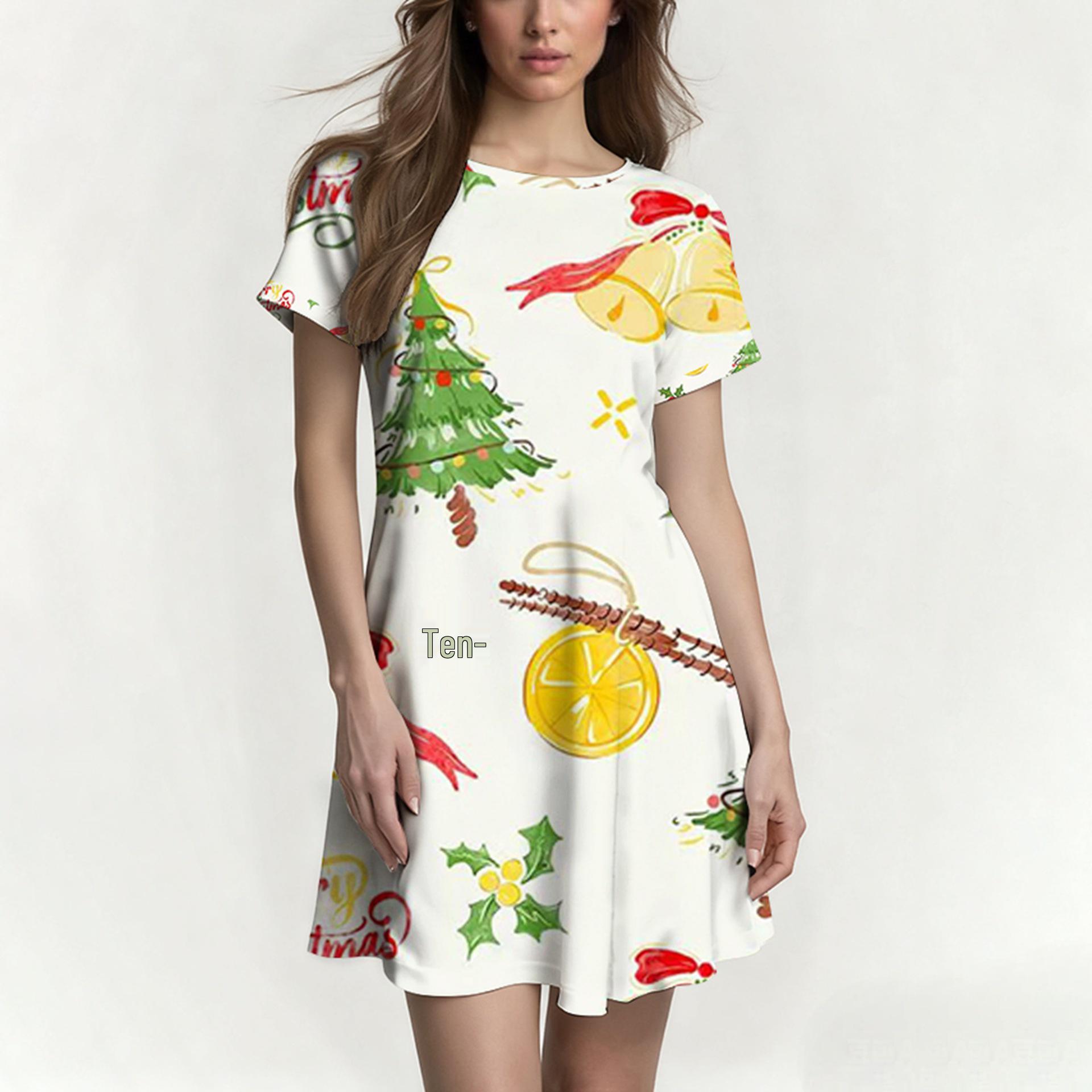 

European & American Women s Custom Printed Short-Sleeved Raglan Dress, 2025 Fashionable Casual Round Neck Skirt Style. L